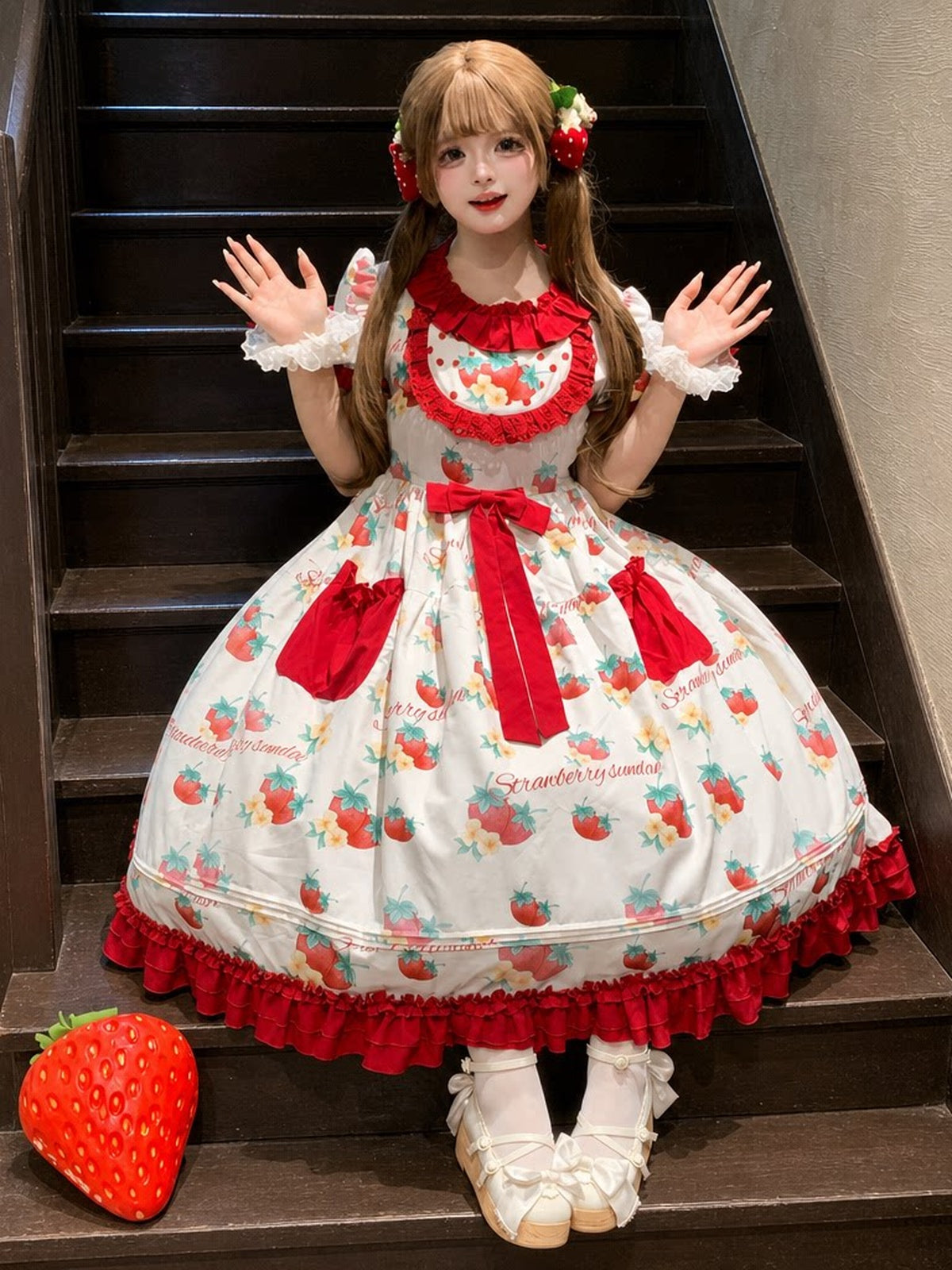 Plus Size Strawberry Print Sweet Lolita OP Dress - Large Hem Long Style