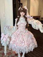 Pink Lolita JSK Dress with Back Bow & Veil | JSK Strappy Gown