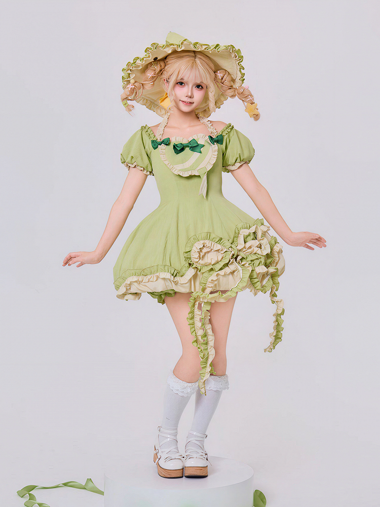 Green Ruffled Sweet Lolita Fluffy OP Dress Full Set | CoyBunny
