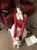 Red Knit Peter Pan Collar Cardigan with Lace - Qchiwawameme | CoyBunny