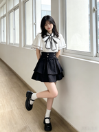 Cute White Jirai Kei School Girl Lolita Dress Short Sleeve Midi Skirt Set