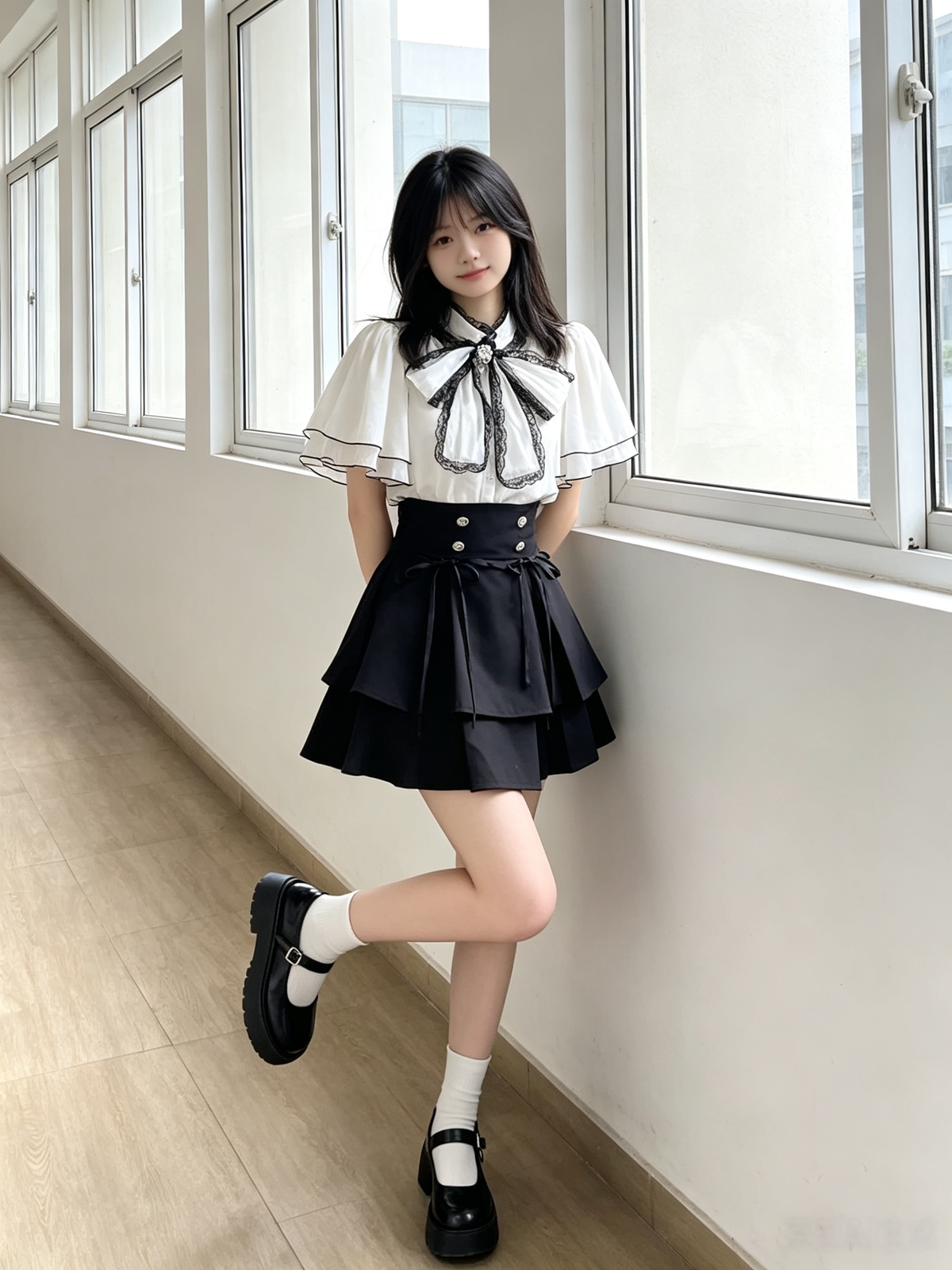 Cute White Jirai Kei School Girl Lolita Dress Short Sleeve Midi Skirt Set