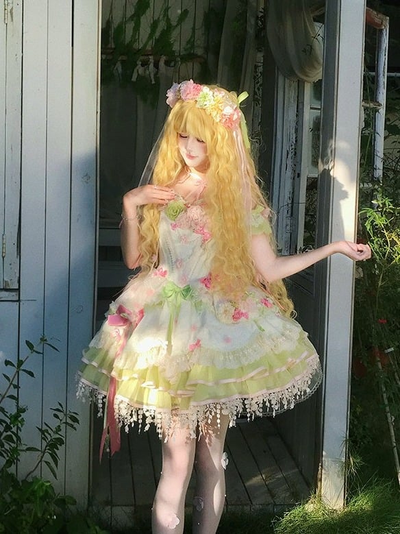 Sweet Lolita JSK Set with Floral Crown and Detachable Sleeves - Sweetheart Macaron Lolita | CoyBunny