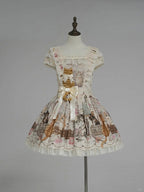 Beige Cat Print Square Neckline Sweet Lolita JSK Dress with Plush Cat Patch - NyaNya | CoyBunny