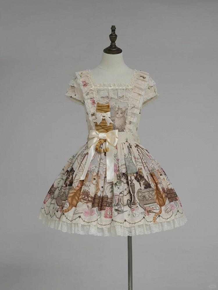 Beige Cat Print Square Neckline Sweet Lolita JSK Dress with Plush Cat Patch - NyaNya | CoyBunny