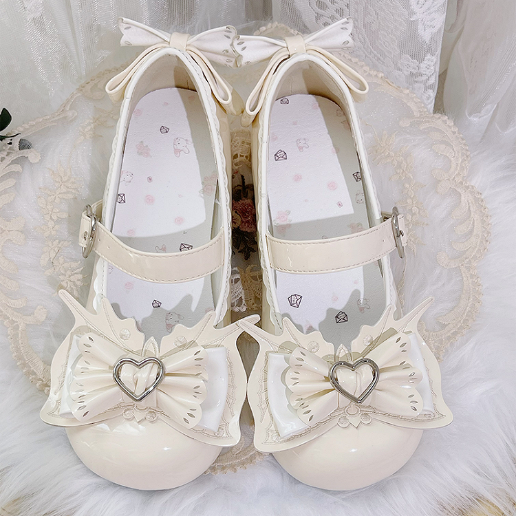 Sweet Lolita Apricot Bow Heart Buckle Strap Block Heel Mary Janes | CoyBunny