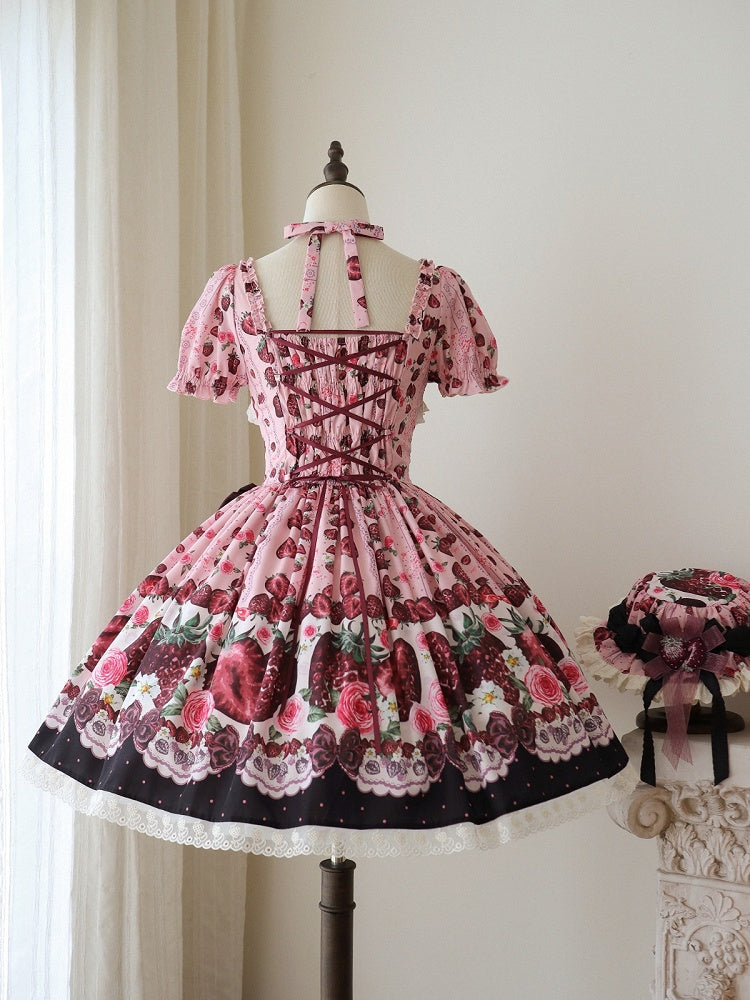 Pink Square Neck Puff Sleeve Strawberry Lolita OP | CoyBunny
