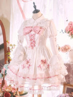 White and Pink Bowknot Details Tiered Skirt Sweet Lolita Dress Jumper Skirt | CoyBunny