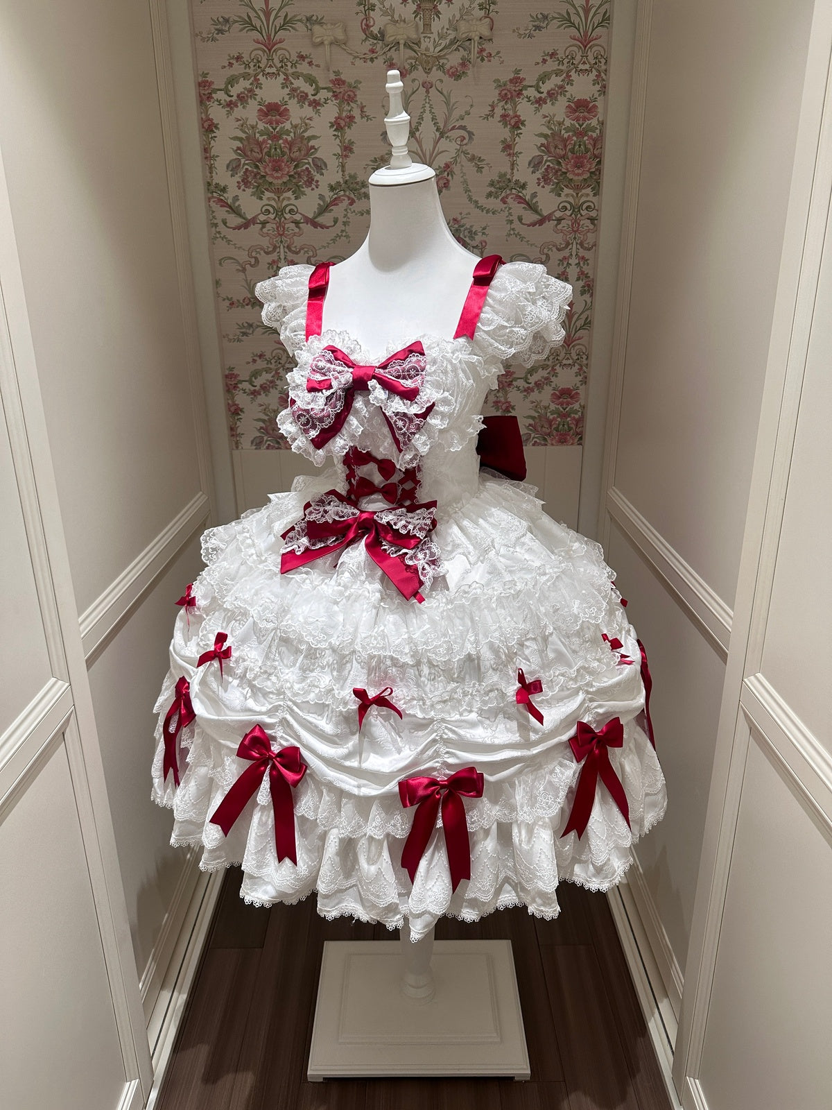 White & Red Doll JSK Lolita Dress with Back Bow & Headband