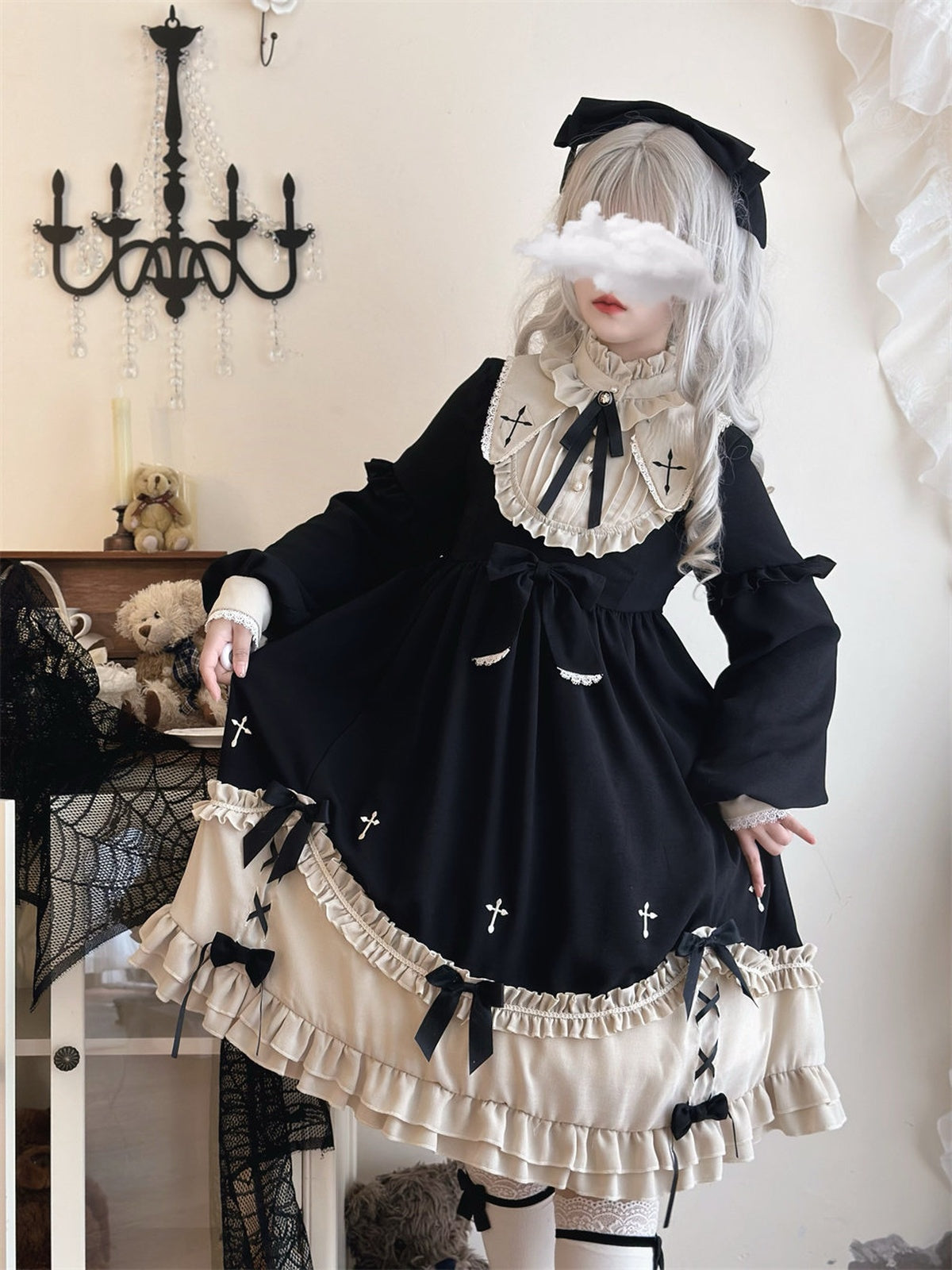 Classic Gothic Black Lolita OP Long Sleeve Dress | Plus Size