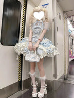 Sweet Blue Halter Gothic Lolita JSK Dress with Bow Train