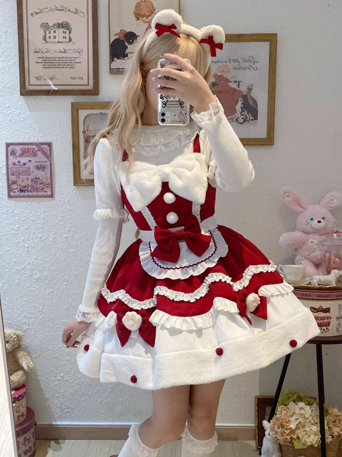 Red Christmas Sweet Lolita JSK Dress & Cute Apron Winter Set