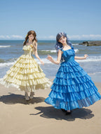 Yellow Square Neck Lolita Dress Set with Seven-Tier Ruffles