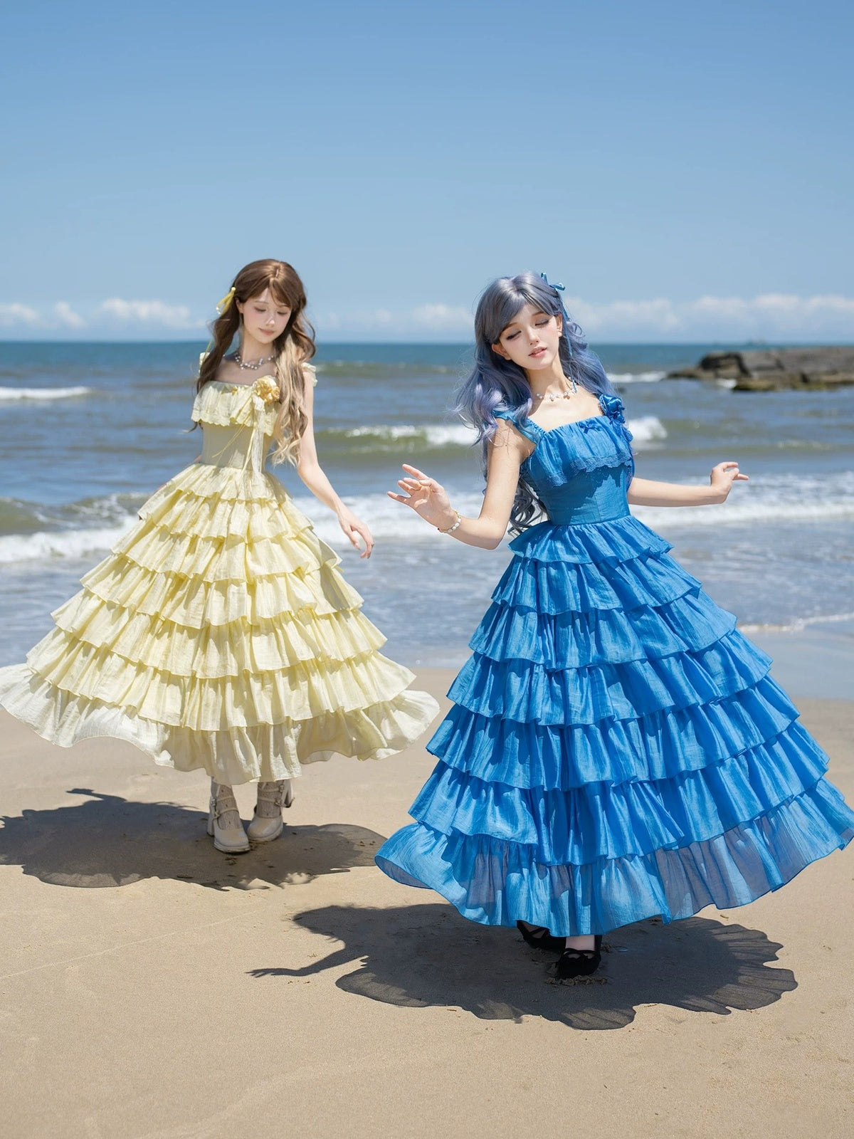 Yellow Square Neck Lolita Dress Set with Seven-Tier Ruffles