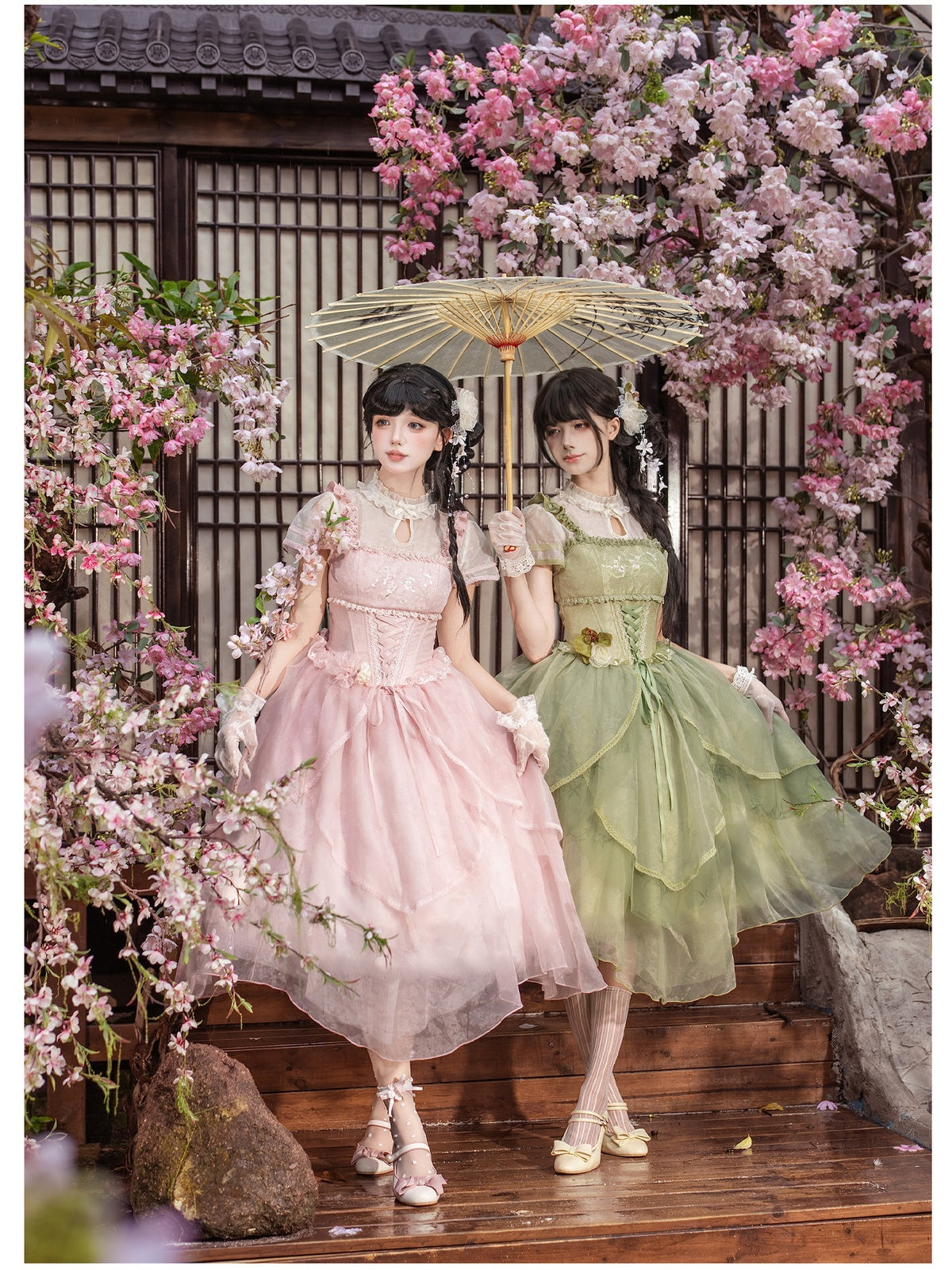 Pink Chinese Style Lolita Petal Hem Print OP with Lift-Up Skirt