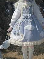 Sky Blue Sweet Lolita Long Sleeve OP Dress with Headband & Petticoat