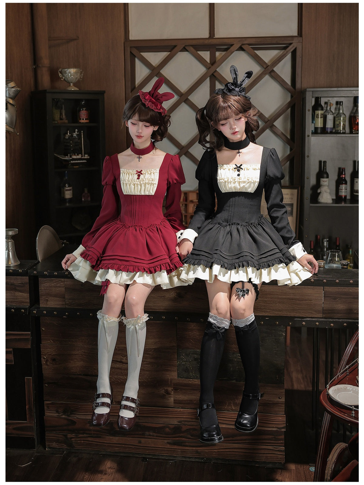 Black Vintage Square Neck Lolita OP Set with Leg Ring & Choker