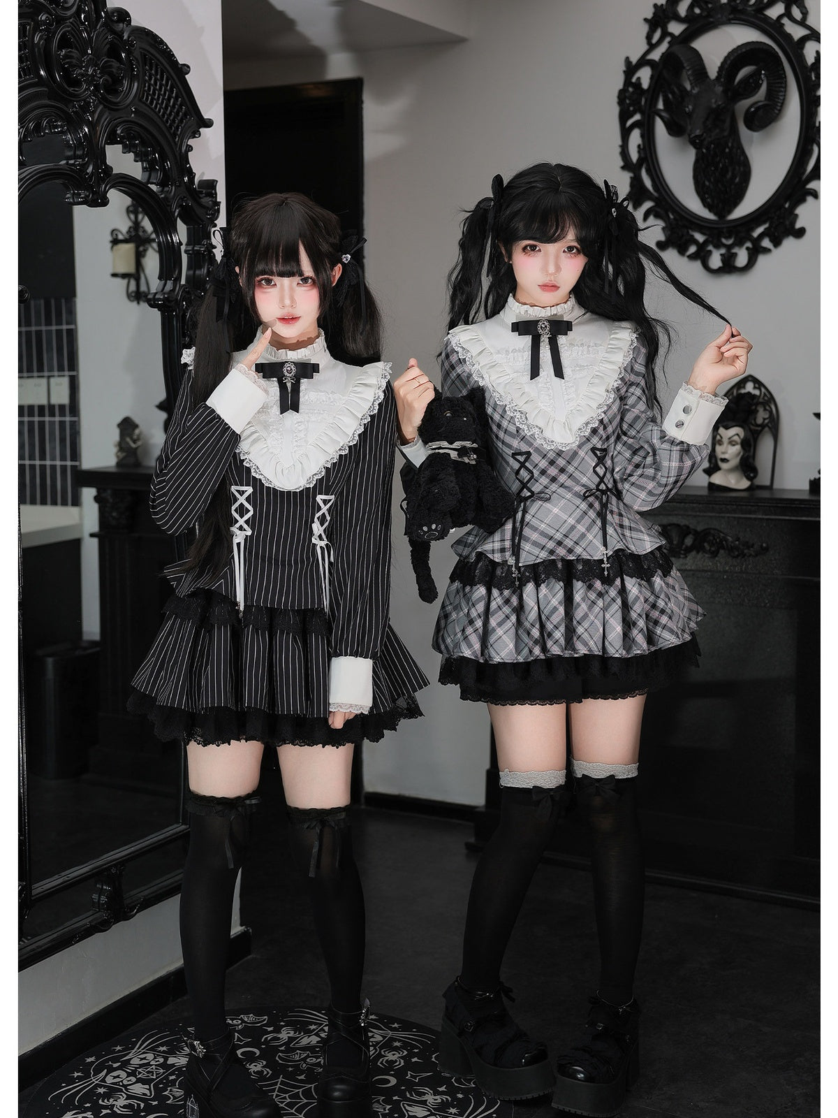Gingham Sweet Lolita Ruffle Dress Set with Slim Panel Cut