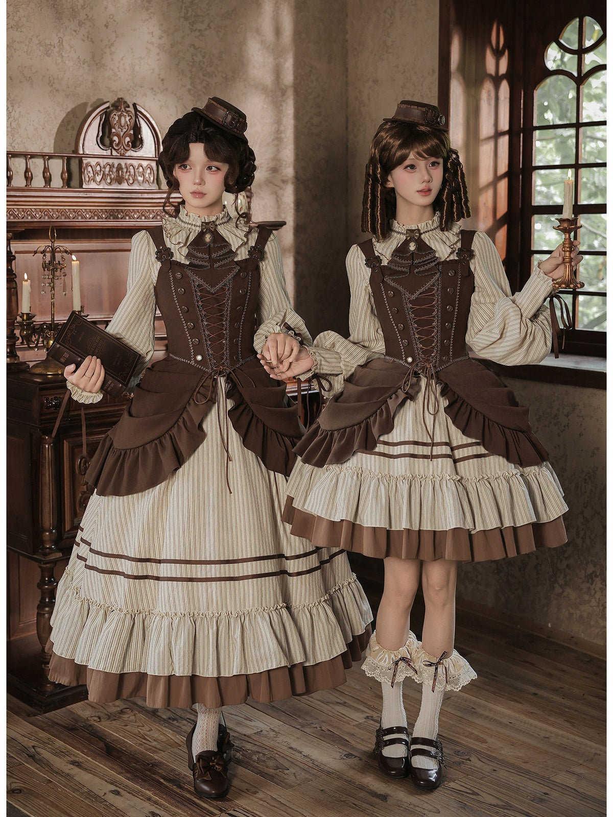 Long Ruffle Lolita OP Set with Corset, Drape & Brooch