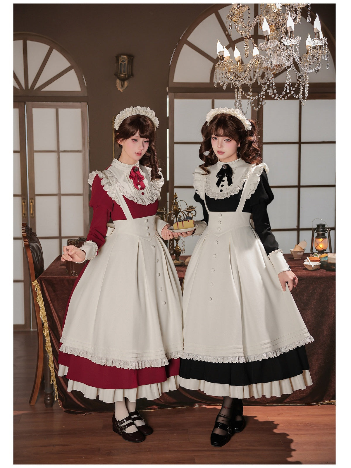 Black Elegant Maid Lolita OP Set with Apron, Necktie & Headband