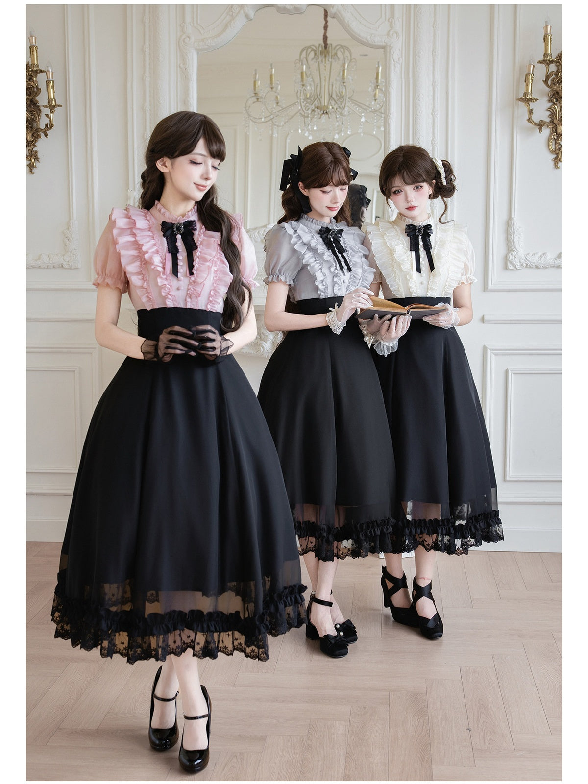Black Pink Color Block Lolita Long Dress with Rhinestone Necktie