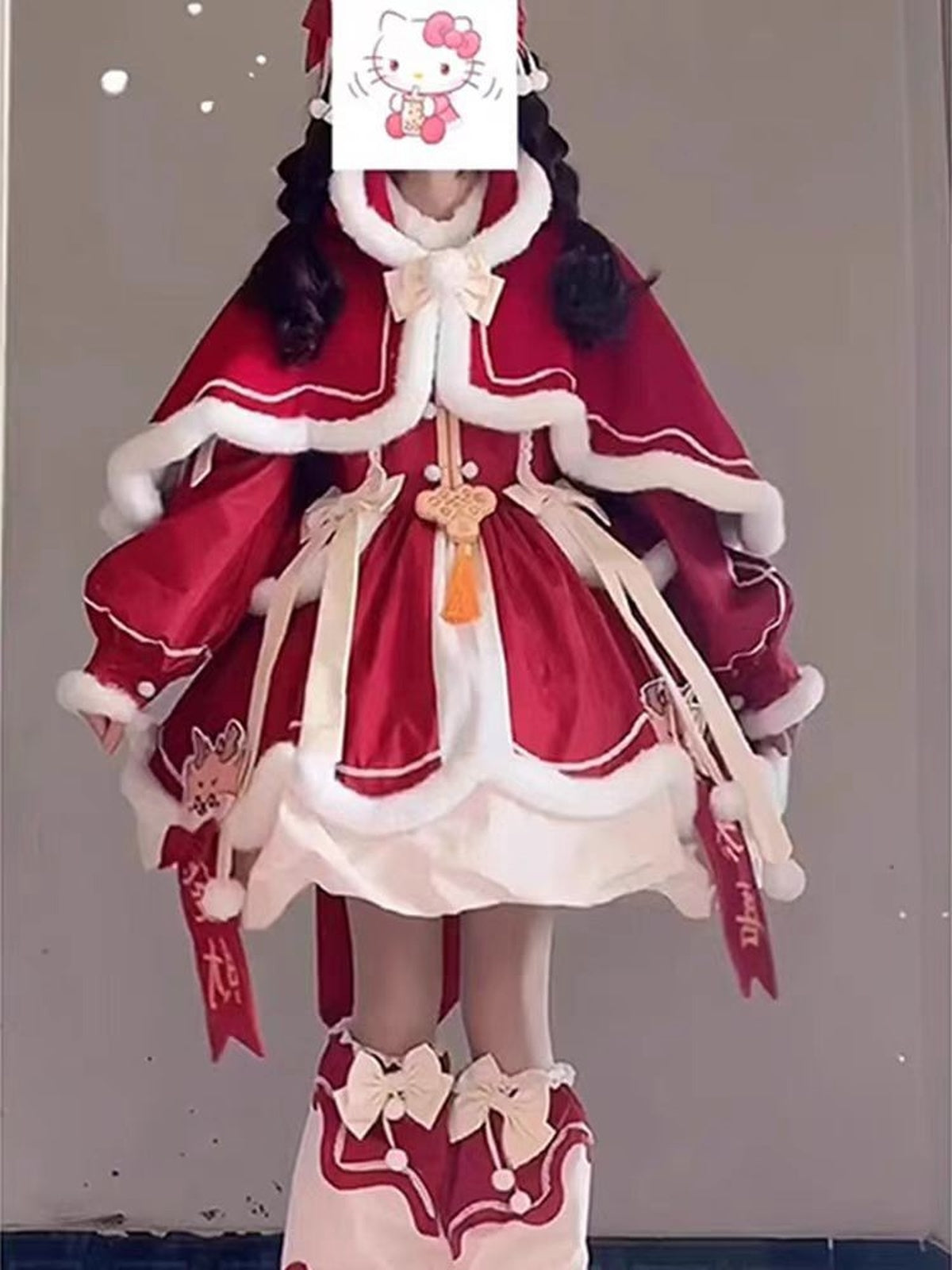 Red New Year & Christmas Lolita Dress Full Set with Cloak & Train