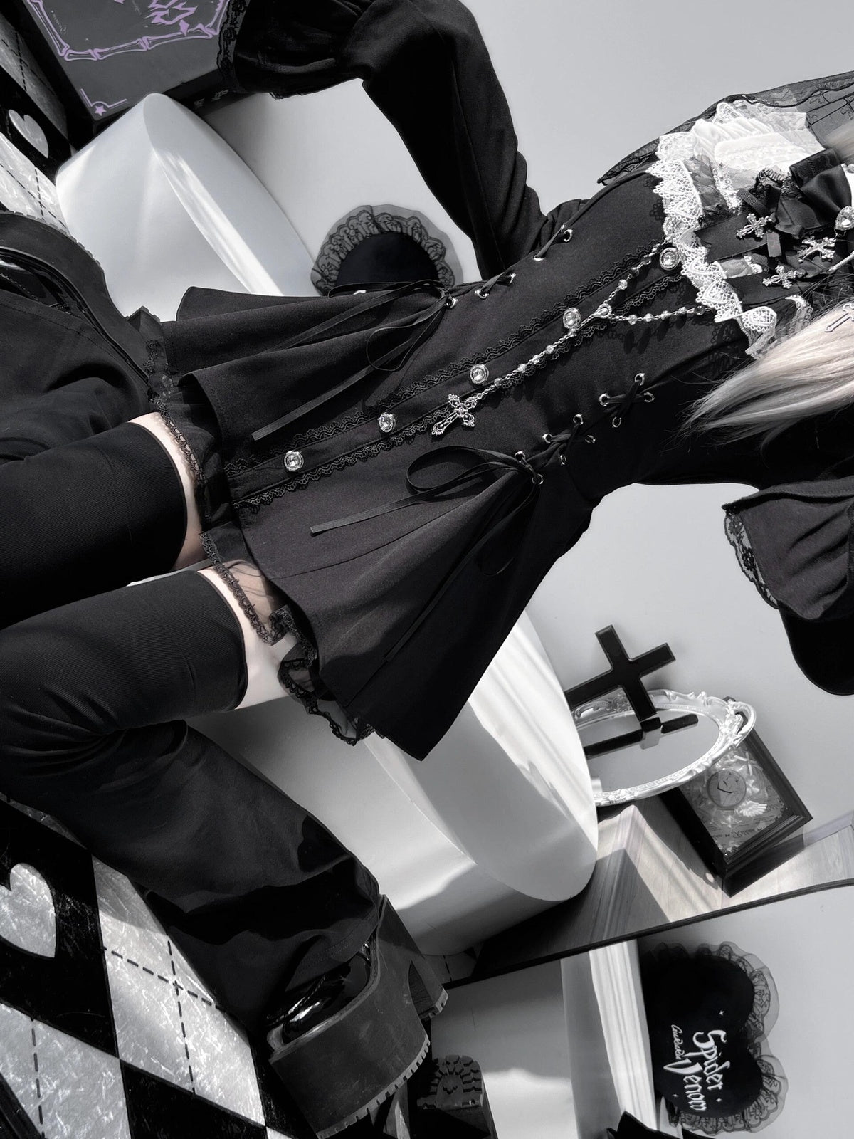 Black & White Gothic Lolita Nun Dress Set - Jirai Kei Subculture