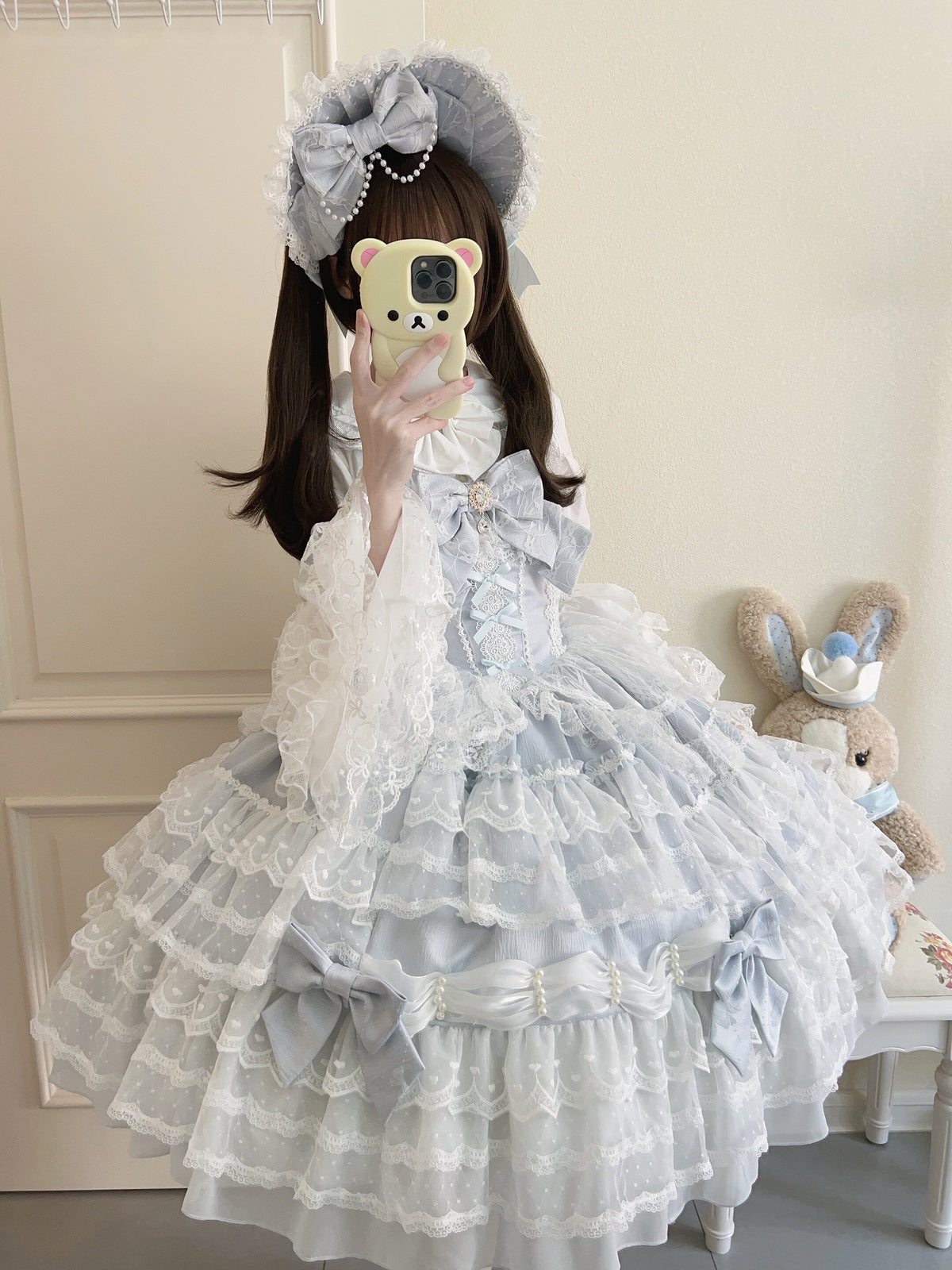 Sax Blue Winter Lolita JSK Dress & Matching Bonnet Set
