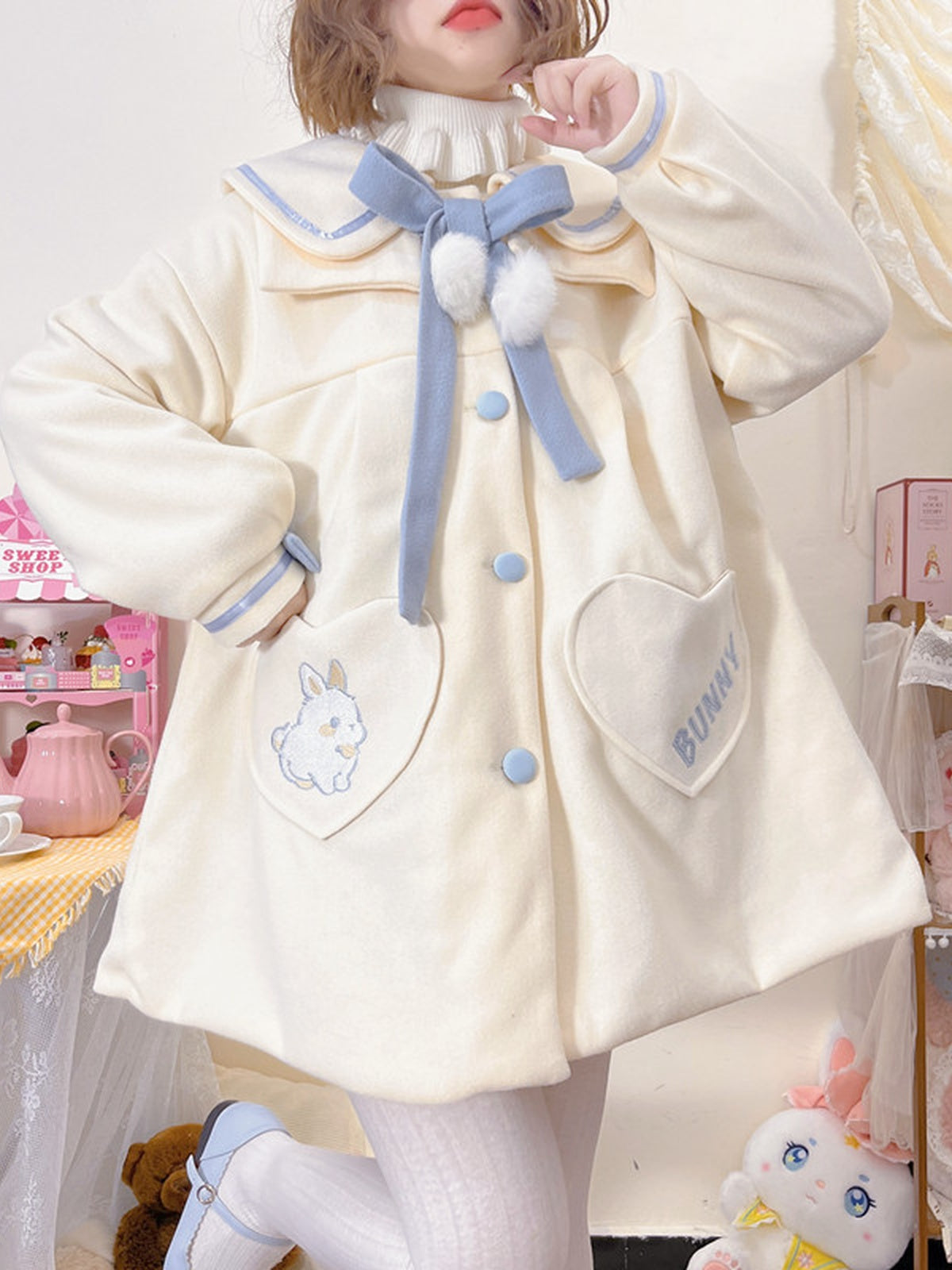 Plus Size Sweet Lolita Wool Coat: Cute Bunny Bow Winter Outerwear