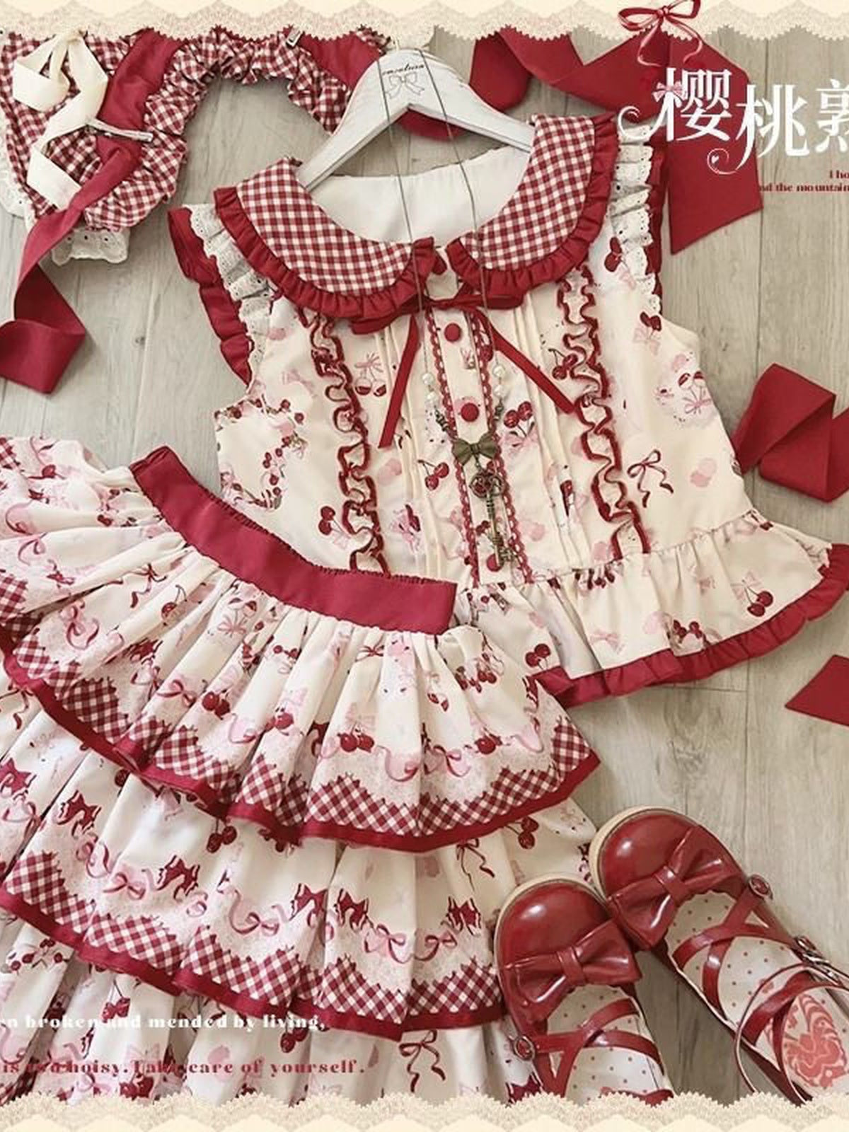 Sweet Cherry Lolita Tiered Dress Set with Bonnet