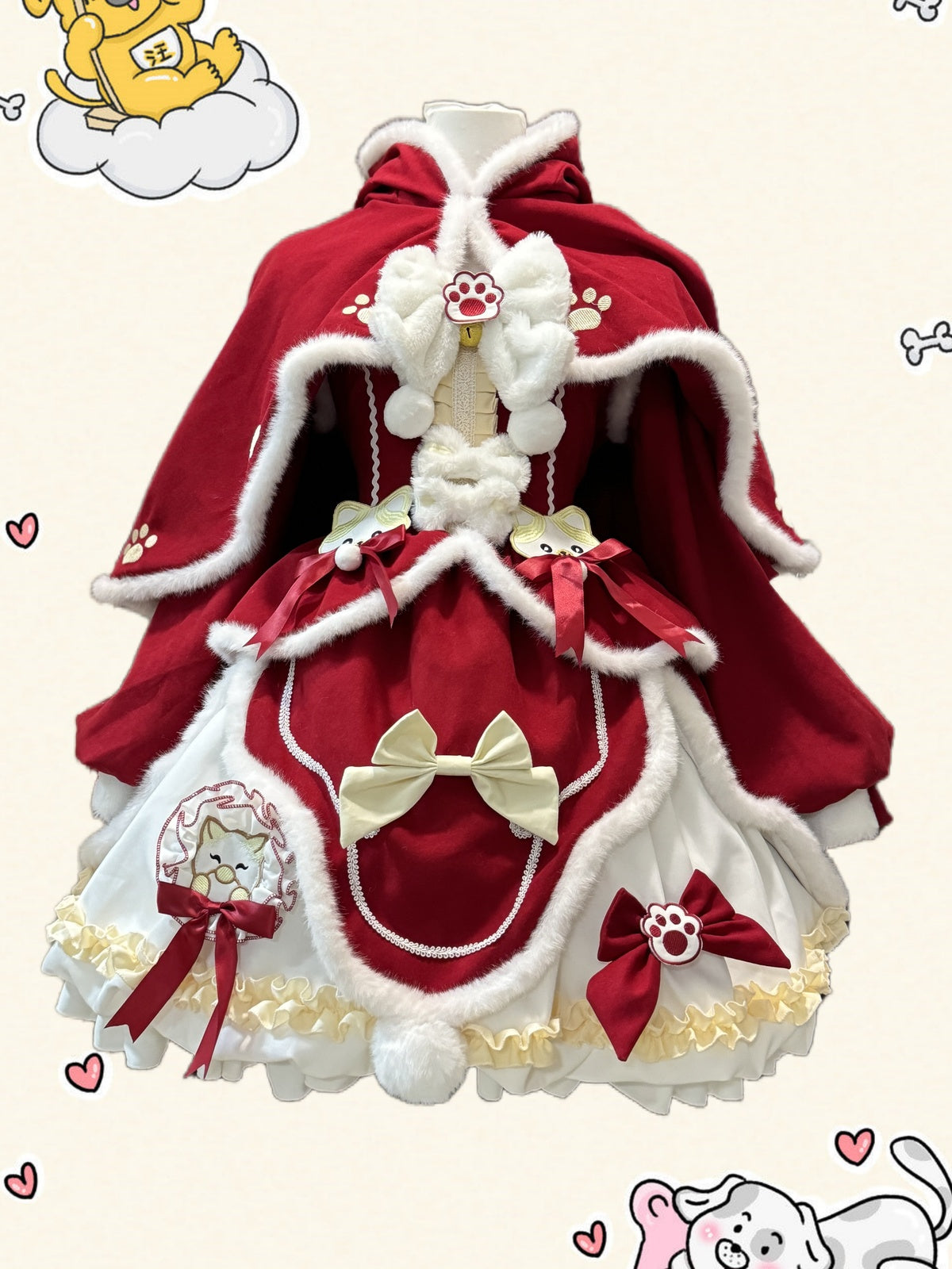 Red New Year & Christmas Lolita Dress Full Set with Cloak & Train