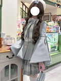 Grey Preppy Lolita Dress Set with Doll Collar Coat & Plaid Skirt