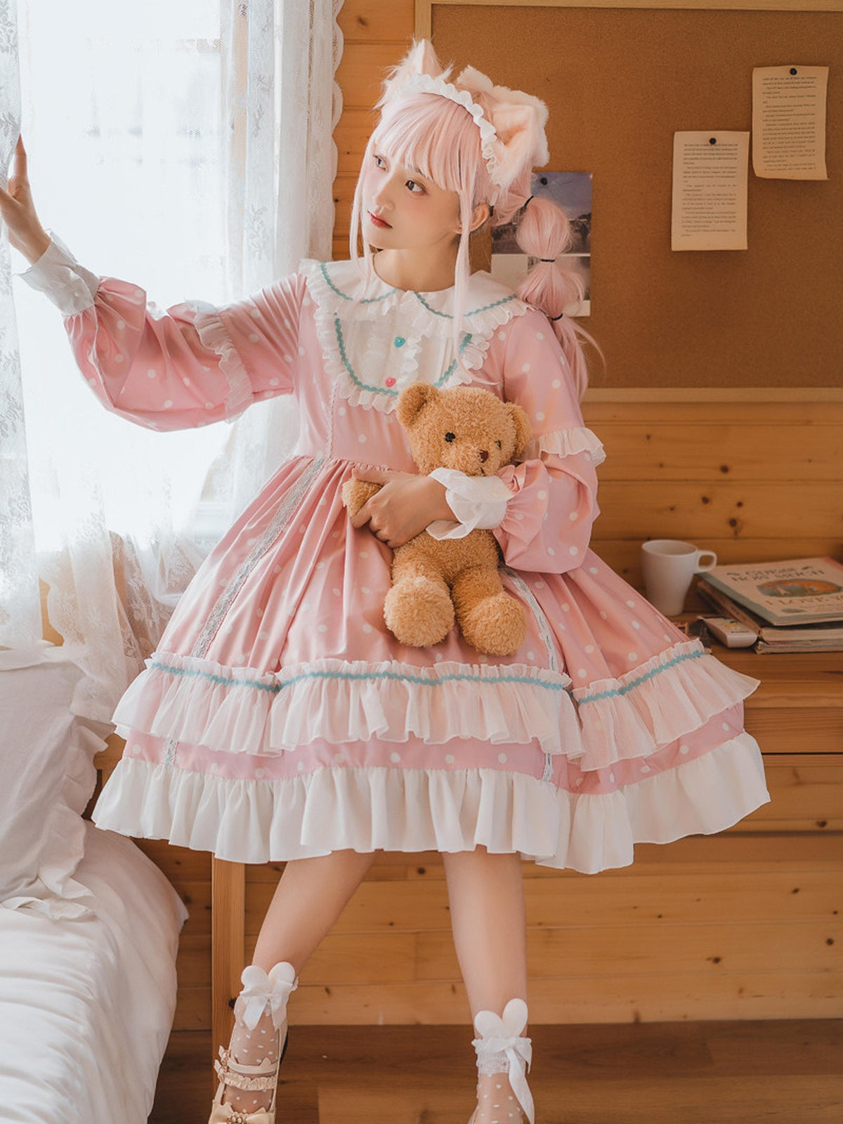 Pink Polka Dot Sweet Lolita OP Long Sleeve Dress & Headpiece