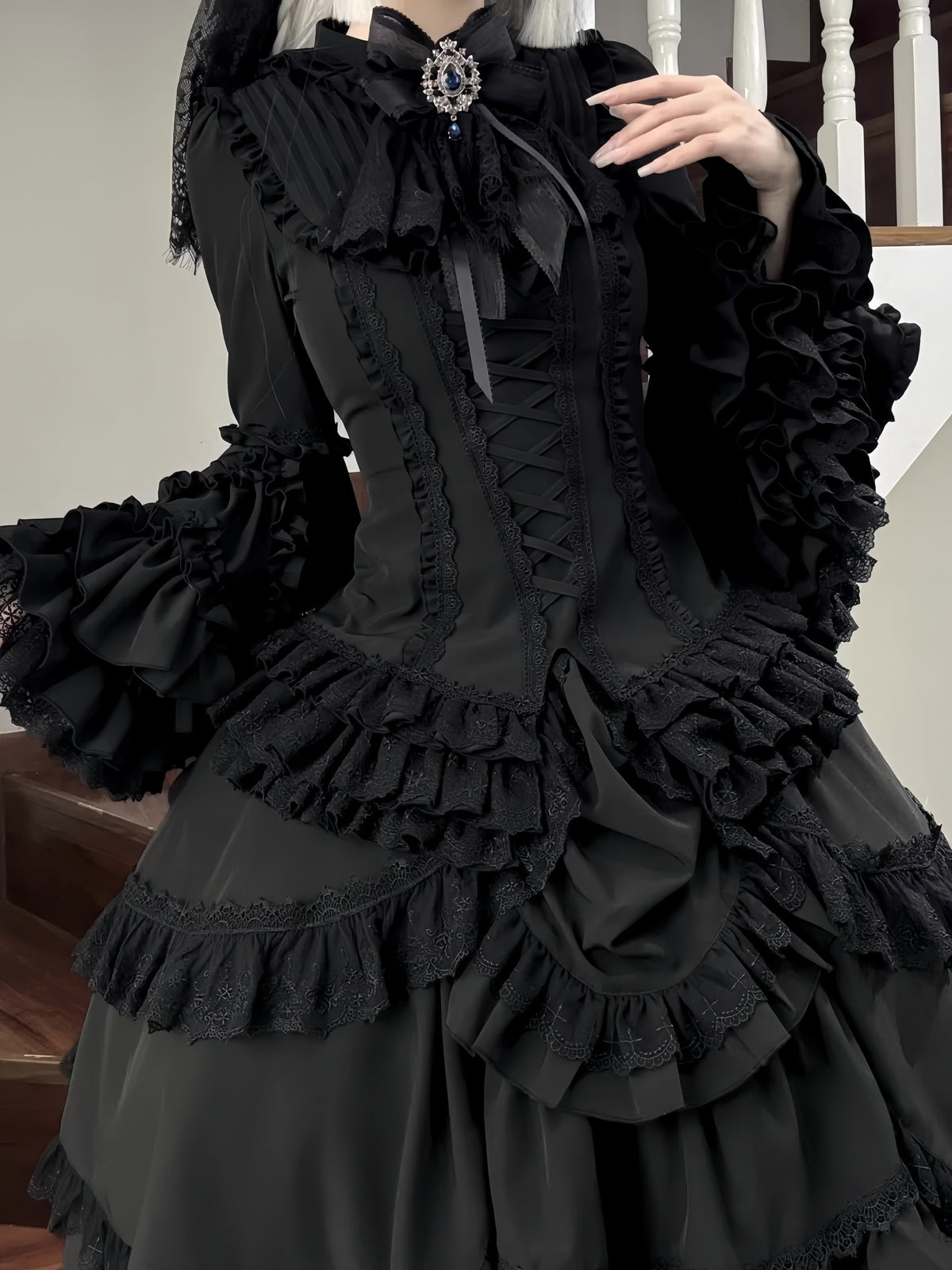 Gothic Black Phoenix Lolita Dress Set with Blouse & Tiered Skirt