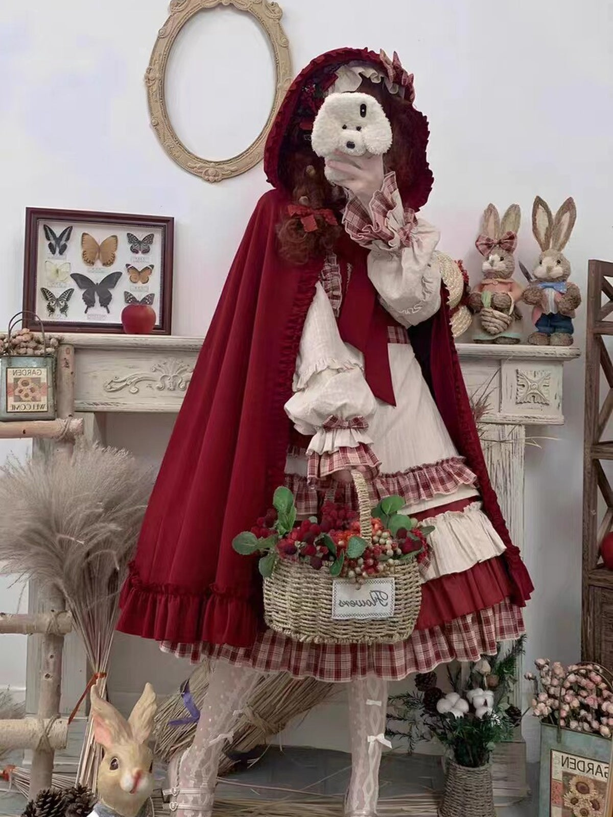 Wine Red Christmas Lolita Dress Set with Cape & Apron