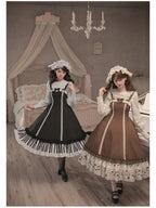 Coffee Print Lolita JSK Dress with Adjustable Straps & Ruffle Hem