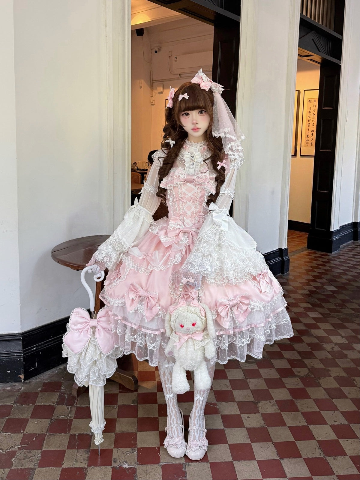 Pink Lolita JSK Dress with Back Bow & Veil | JSK Strappy Gown