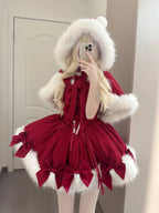 Red Christmas Lolita Dress Full Set with Winter Furry Cape