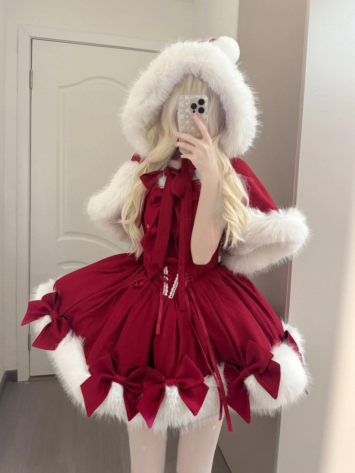 Red Christmas Lolita Dress Full Set with Winter Furry Cape