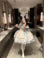 Blue & White Sweet Lolita Dress Set with Cape & Hair Clip Full Set
