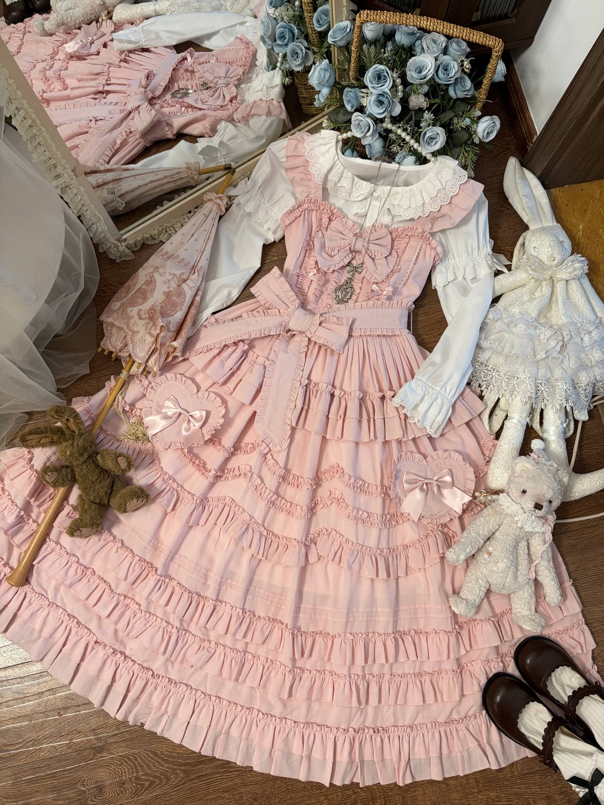 Pink Classical Lolita JSK Dress with Headband | Winter Gown
