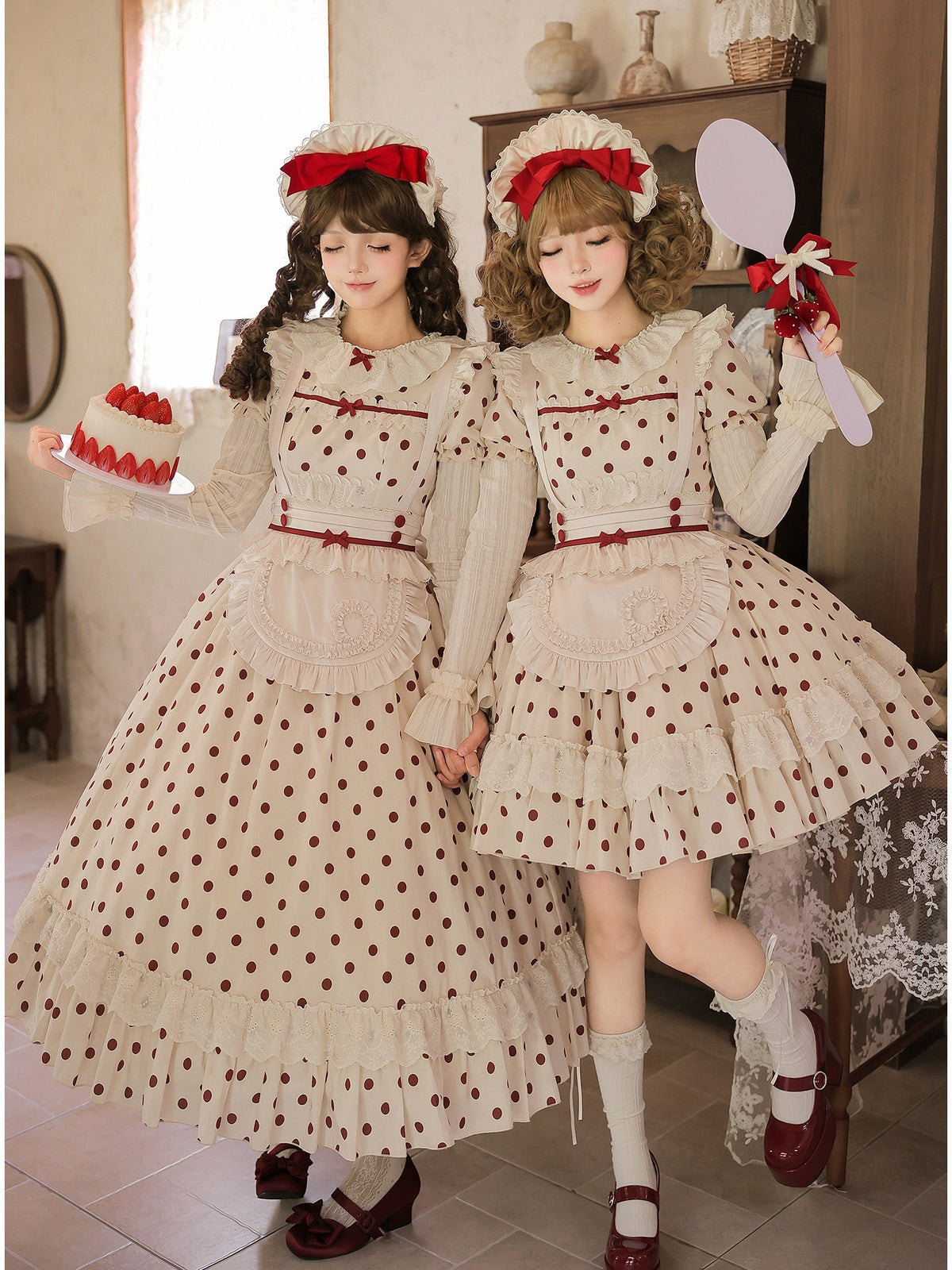 Long Doll Lolita Cotton Print OP Set with Apron & BNT