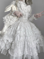 Vintage Old-School White Lolita JSK Dress Full Set with Petticoat