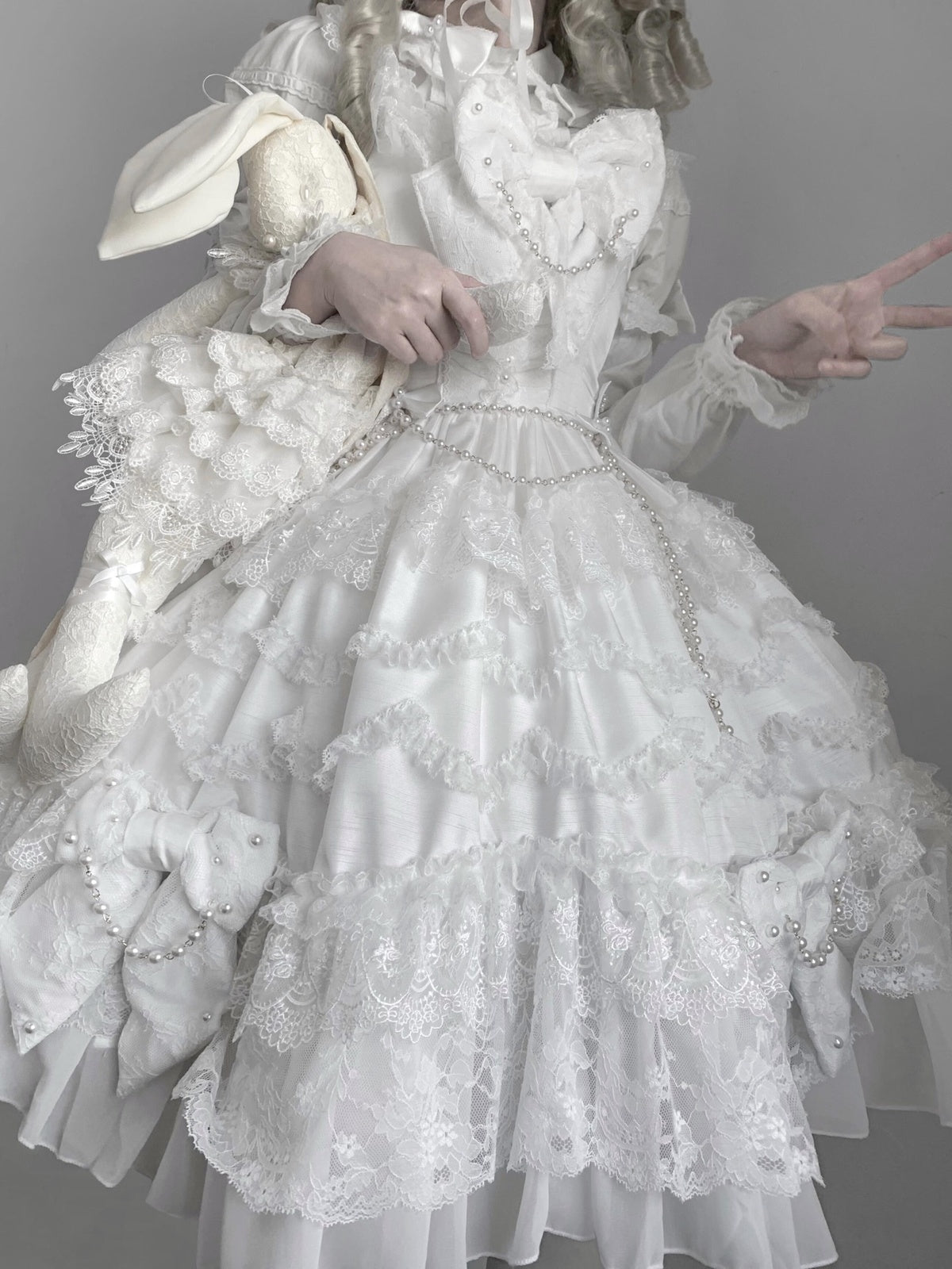 Vintage Old-School White Lolita JSK Dress Full Set with Petticoat