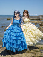 Blue Square Neck Lolita Dress Set with Seven-Tier Ruffles