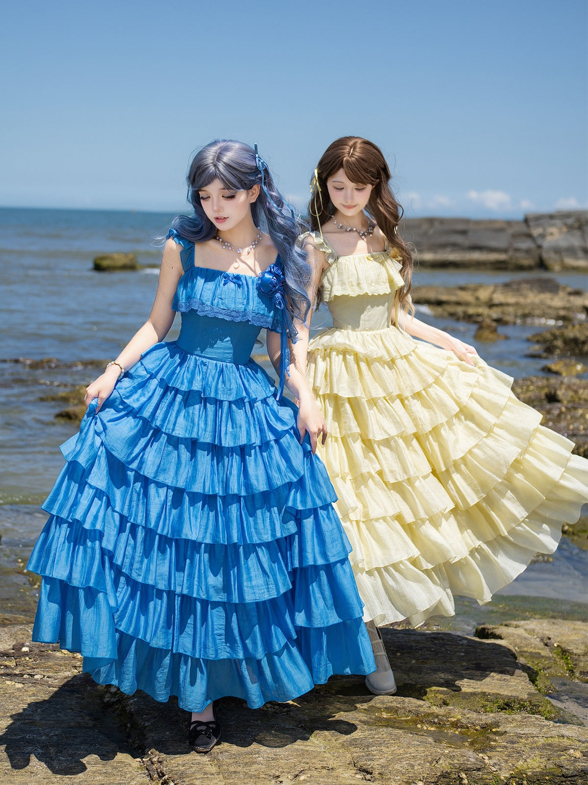 Blue Square Neck Lolita Dress Set with Seven-Tier Ruffles