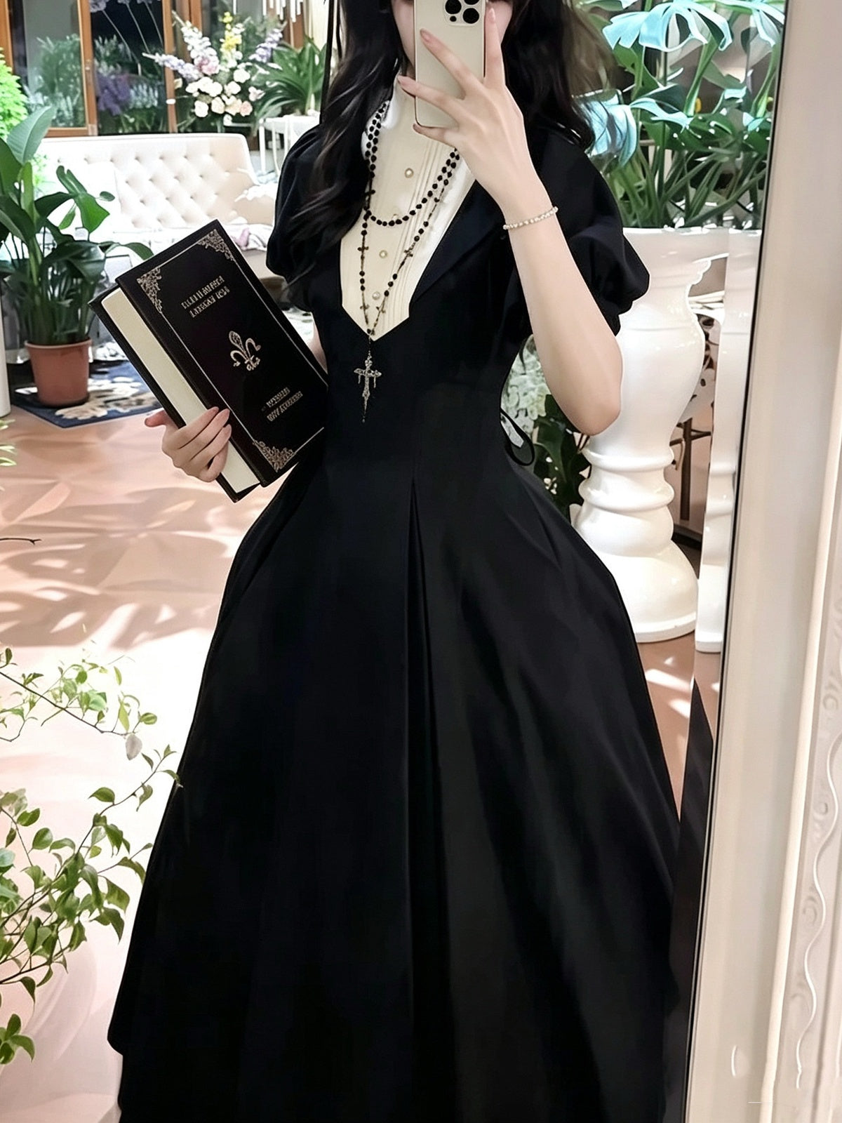 Gothic Nun Lolita Vintage Court Dress with Necklace