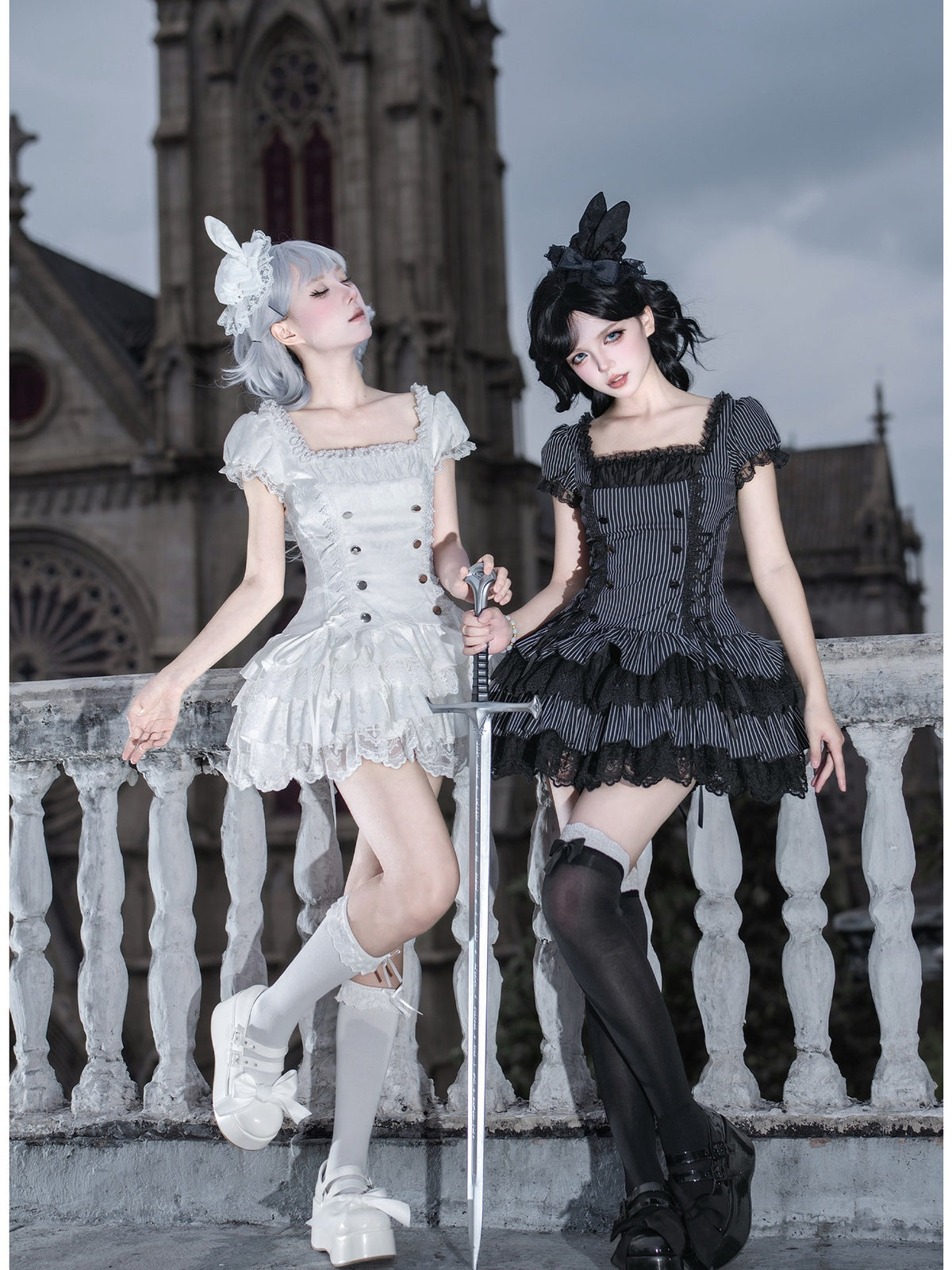 White Sweet Lolita Puff Skirt OP Set with Top Hat & Sleeves