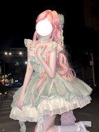 Sweet Mint Green Floral Lolita Princess Dress Set with Train