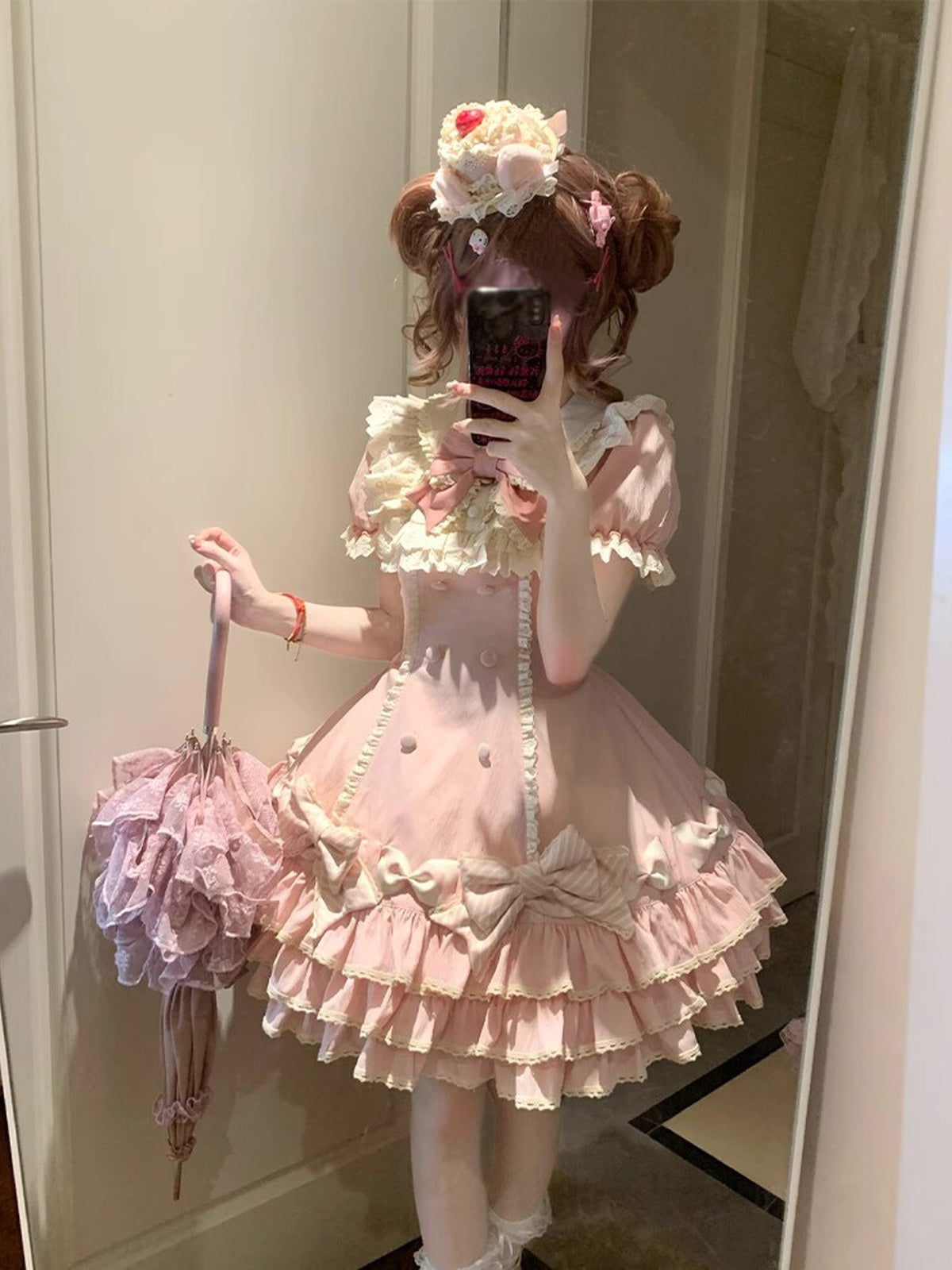 Pink Stripe Sweet Lolita OP Dress Full Set with Hat & Detachable Sleeves
